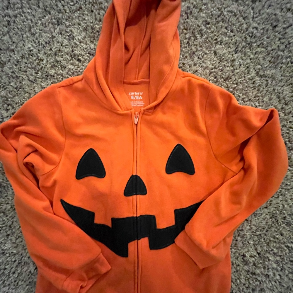 Orange Pumpkin Hooded One piece Jumpsuit Halloween Size 8 Boy or Girl - Picture 3 of 4